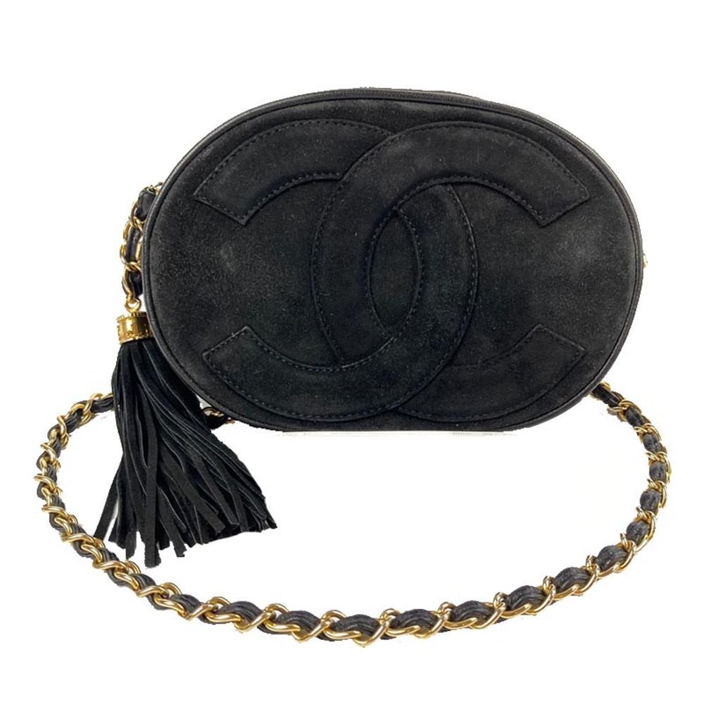 Chanel Fringe Chain Shoulder Leather Black Gold Shoulder Bag